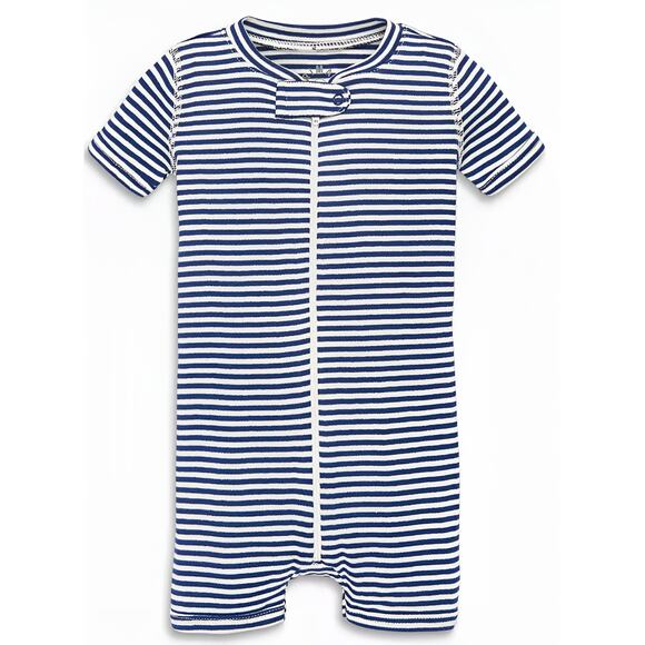 Primary Baby Boys Organic Cotton Striped‎ Zip Short Sleeve Romper One Piece 0-3M - Picture 1 of 6